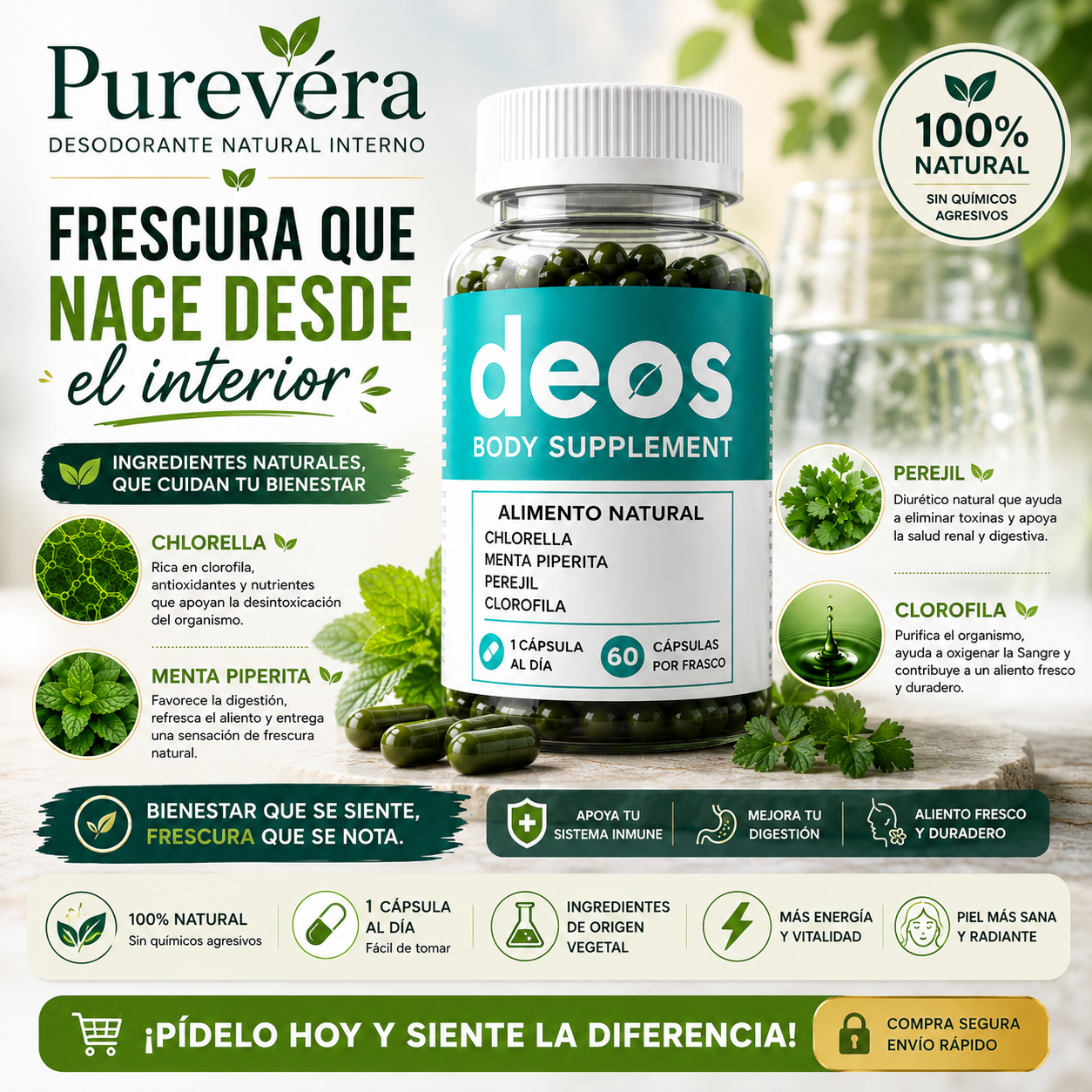 Purevéra™ | Desodorante Natural Interno 60 Cápsulas