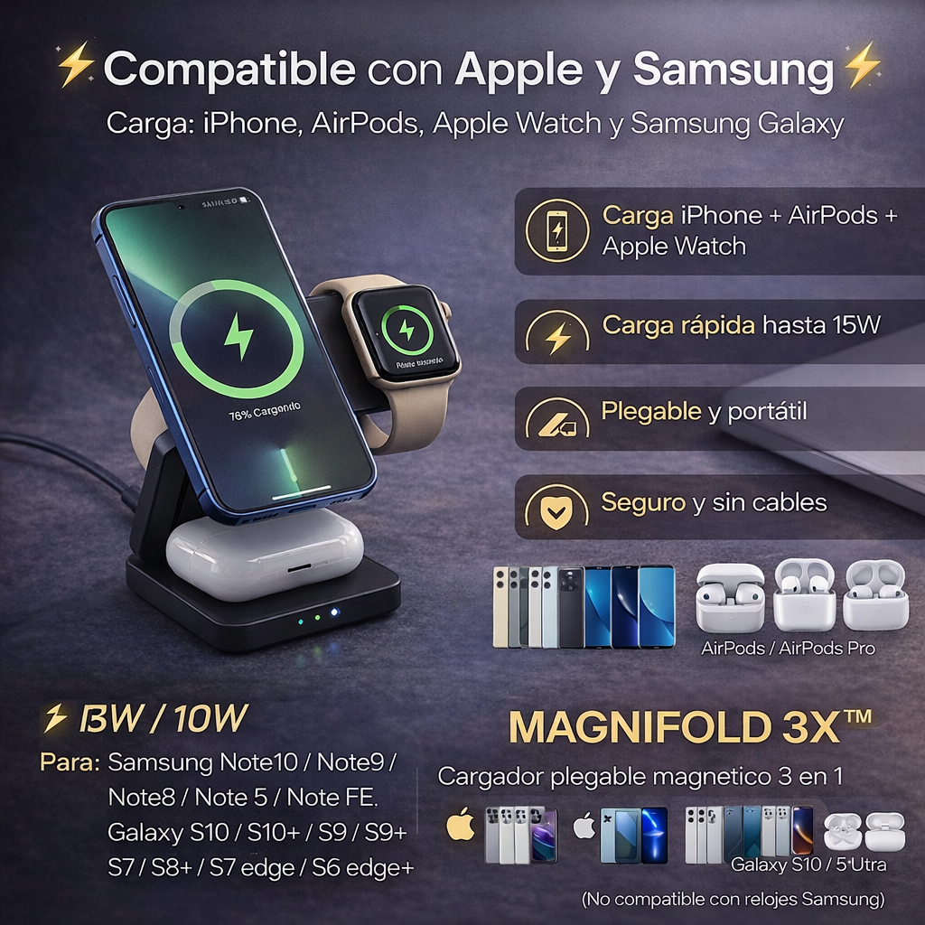 MagniFold 3X™ | Cargador Magnético Plegable 3 en 1