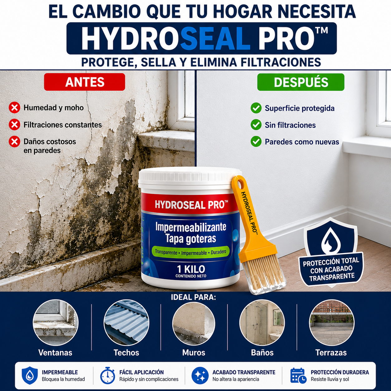 HydroSeal Pro™ | Impermeabilizante Transparente Antigoteras 1 kilo