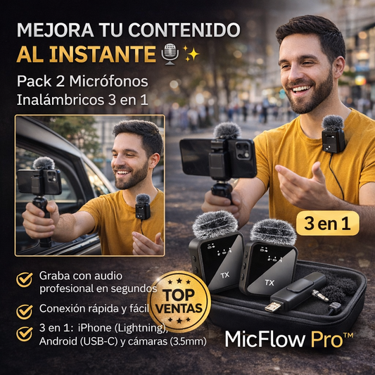 MicFlow Pro™ | Pack 2 Micrófonos Inalámbricos 3 en 1